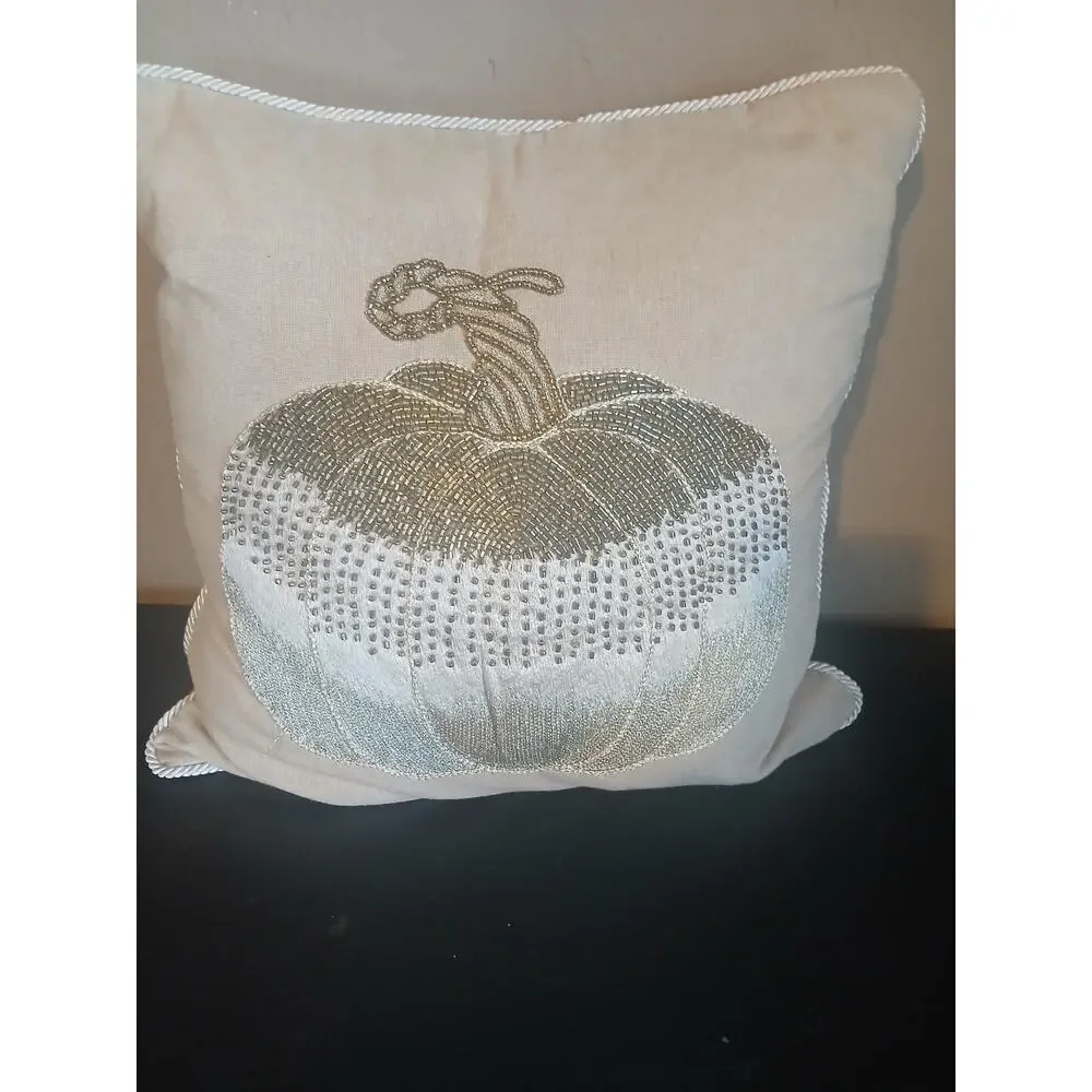Beaded Pumpkin Throw Pillow Ivory Gold Fall Harvest Decor 14”x14”